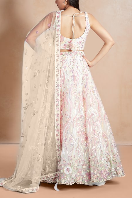 Shop_Samyukta Singhania_Cream Net, Linen Sequins, Zari, Stones Floral Vine Embroidered Lehenga Set _at_Aza_Fashions