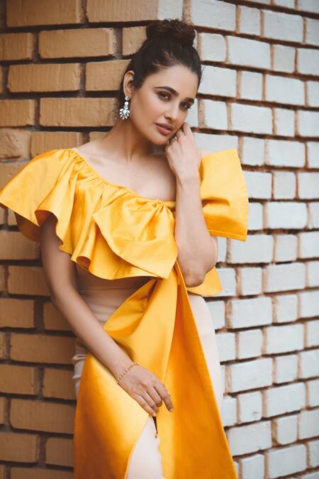 Shop Disha Kahai Peach Silk, Georgette One Shoulder Solid Jumpsuit Online at Aza Fashions Shop_Disha Kahai_Peach Silk, Georgette One Shoulder Solid Jumpsuit_Online_at_Aza_Fashions