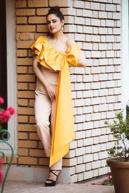 Disha Kahai Peach Silk, Georgette One Shoulder Solid Jumpsuit at Aza Fashions Disha Kahai_Peach Silk, Georgette One Shoulder Solid Jumpsuit_at_Aza_Fashions