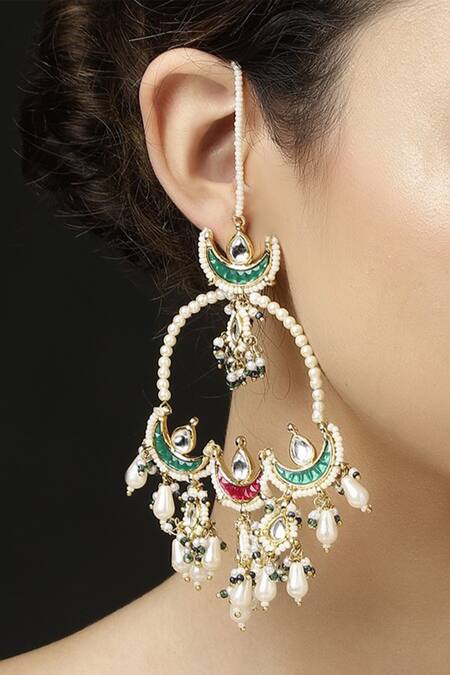 Dugran By Dugristyle_Red Pearls Kundan Chandbali Earrings With _Online_at_Aza_Fashions