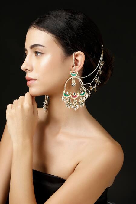 Buy_Dugran By Dugristyle_Red Pearls Kundan Chandbali Earrings With 