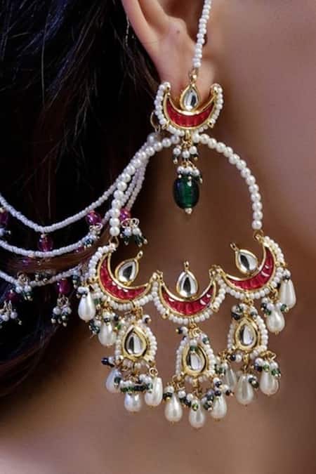 Dugran By Dugristyle_Red Pearls Stone Embellished Chandbali Earrings _Online_at_Aza_Fashions