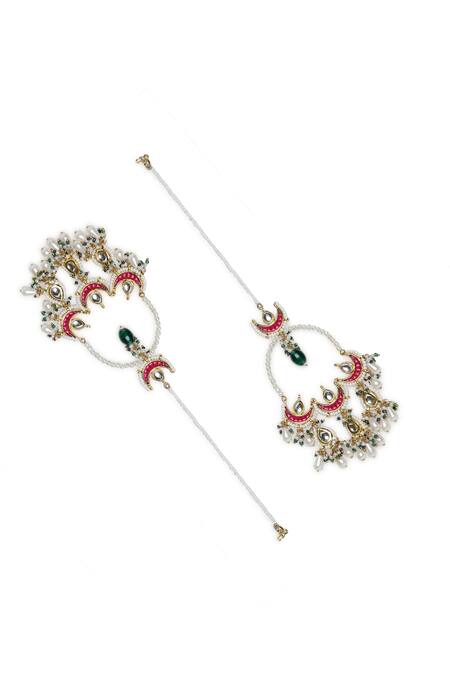 Shop_Dugran By Dugristyle_Red Pearls Stone Embellished Chandbali Earrings _Online_at_Aza_Fashions