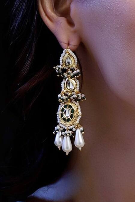 Dugran By Dugristyle_Green Pearls, Fabric Flowers, Stones Gold Plated Kundan Long Earrings _Online_at_Aza_Fashions