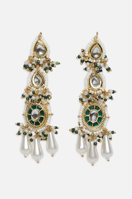 Buy_Dugran By Dugristyle_Green Pearls, Fabric Flowers, Stones Gold Plated Kundan Long Earrings _Online_at_Aza_Fashions
