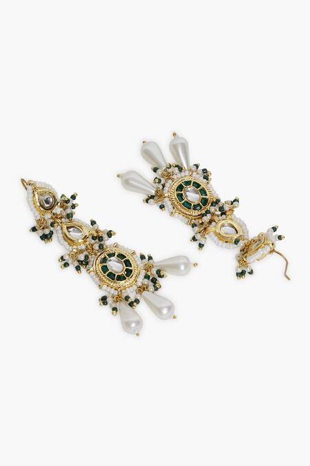 Shop_Dugran By Dugristyle_Green Pearls, Fabric Flowers, Stones Gold Plated Kundan Long Earrings _Online_at_Aza_Fashions