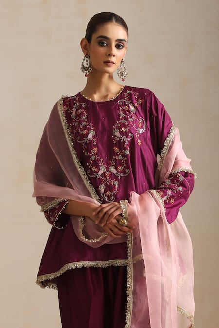 Buy_Shikha Mehta_Purple , Organza Embroidery Round Neck Aubergine Blossom Kurta Set _Online_at_Aza_Fashions