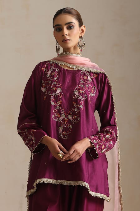 Shop_Shikha Mehta_Purple , Organza Embroidery Round Neck Aubergine Blossom Kurta Set _Online_at_Aza_Fashions