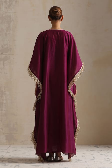 Shop Shikha Mehta Purple Silk, Chanderi Lace V-neck Aubergine Blossom Embroidered Kaftan at Aza Fashions Shop_Shikha Mehta_Purple Silk, Chanderi Lace V-neck Aubergine Blossom Embroidered Kaftan _at_Aza_Fashions