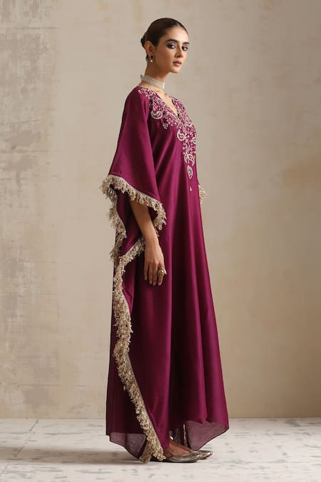 Shikha Mehta_Purple Silk, Chanderi Lace V-neck Aubergine Blossom Embroidered Kaftan _Online_at_Aza_Fashions