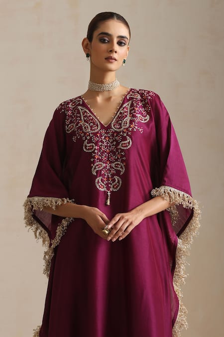 Buy_Shikha Mehta_Purple Silk, Chanderi Lace V-neck Aubergine Blossom Embroidered Kaftan _Online_at_Aza_Fashions