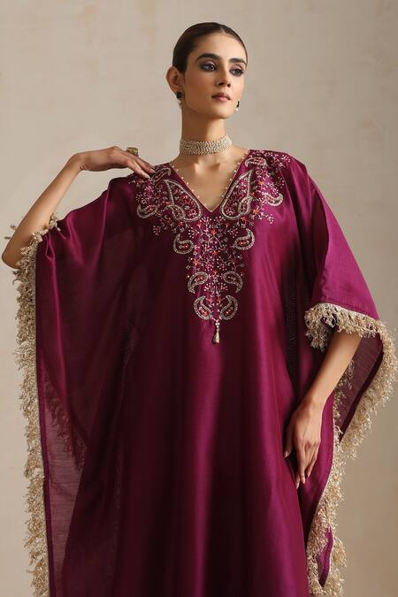 Shop_Shikha Mehta_Purple Silk, Chanderi Lace V-neck Aubergine Blossom Embroidered Kaftan _Online_at_Aza_Fashions