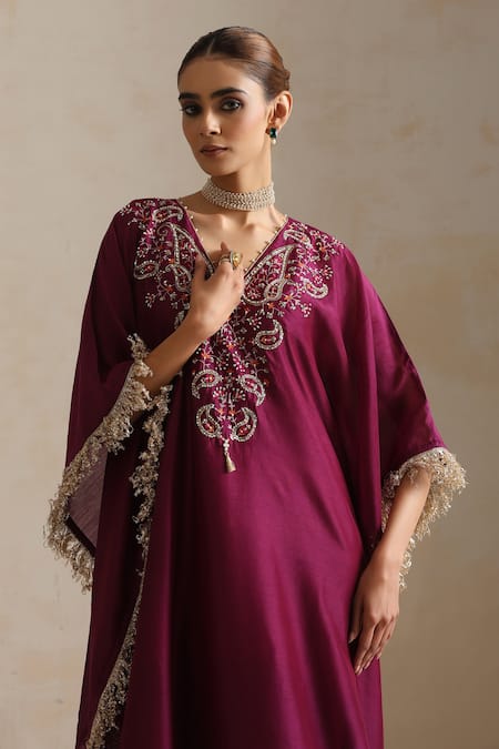 Shikha Mehta_Purple Silk, Chanderi Lace V-neck Aubergine Blossom Embroidered Kaftan _at_Aza_Fashions