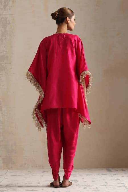 Shop_Shikha Mehta_Pink Silk, Satin Embroidery V-neck Rani Bloom Kaftan And Dhoti Pant _at_Aza_Fashions