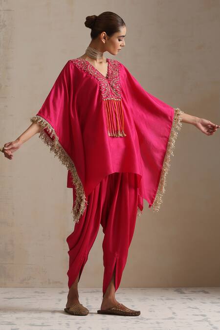 Shikha Mehta_Pink Silk, Satin Embroidery V-neck Rani Bloom Kaftan And Dhoti Pant _Online_at_Aza_Fashions