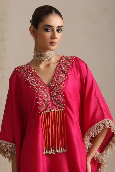Buy_Shikha Mehta_Pink Silk, Satin Embroidery V-neck Rani Bloom Kaftan And Dhoti Pant _Online_at_Aza_Fashions