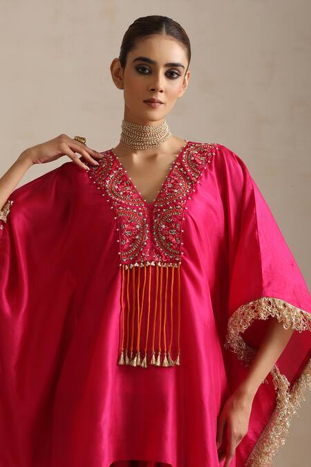 Shop_Shikha Mehta_Pink Silk, Satin Embroidery V-neck Rani Bloom Kaftan And Dhoti Pant _Online_at_Aza_Fashions