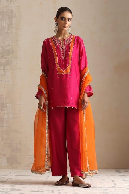 Shikha Mehta_Pink Silk Organza, Silk, Chanderi Embroidery Round Ditsy Bloom Kurta Pant Set _Online_at_Aza_Fashions