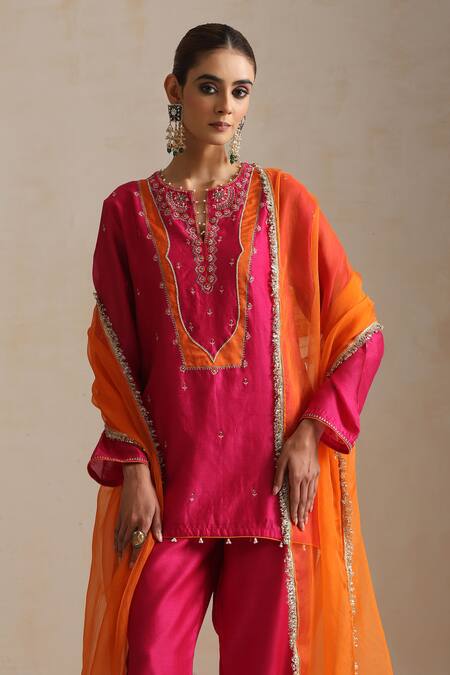 Buy_Shikha Mehta_Pink Silk Organza, Silk, Chanderi Embroidery Round Ditsy Bloom Kurta Pant Set _Online_at_Aza_Fashions