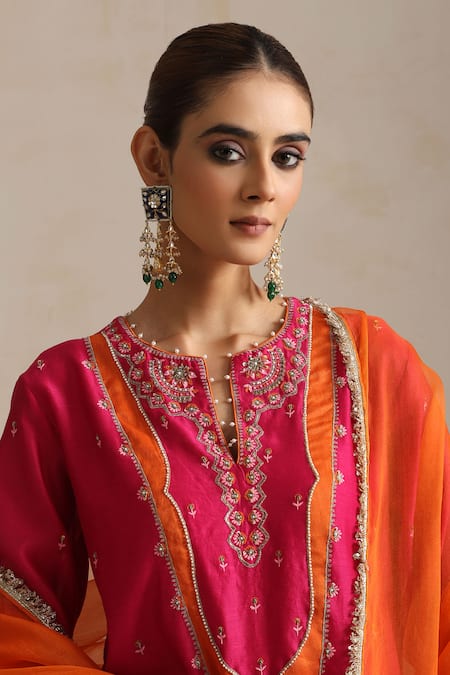 Shop_Shikha Mehta_Pink Silk Organza, Silk, Chanderi Embroidery Round Ditsy Bloom Kurta Pant Set _Online_at_Aza_Fashions