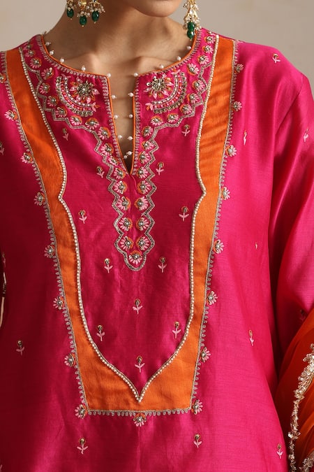 Shikha Mehta_Pink Silk Organza, Silk, Chanderi Embroidery Round Ditsy Bloom Kurta Pant Set _at_Aza_Fashions