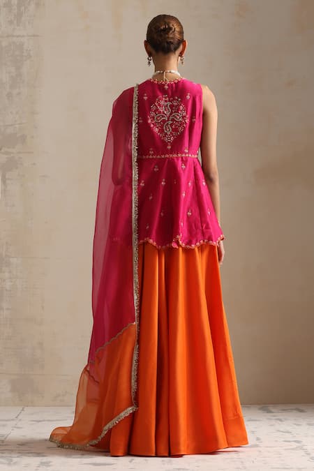 Shop_Shikha Mehta_Orange Organza, Embroidery V-neck Paisley Flora Peplum Kurti Set _at_Aza_Fashions
