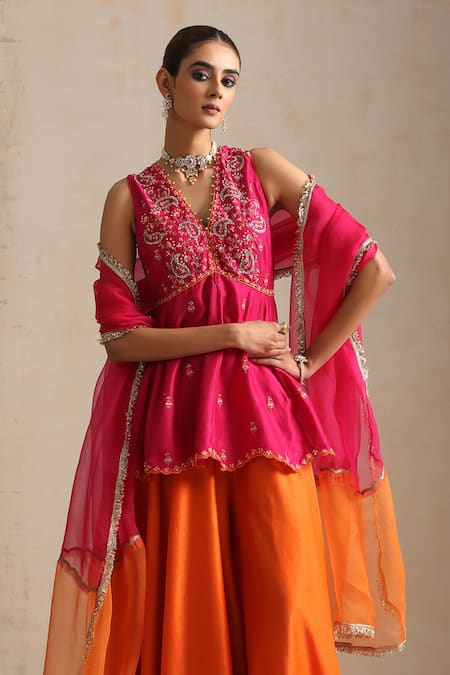 Buy_Shikha Mehta_Orange Organza, Embroidery V-neck Paisley Flora Peplum Kurti Set _Online_at_Aza_Fashions