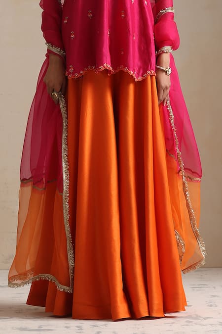 Shop Shikha Mehta Orange Organza, Embroidery V-neck Paisley Flora Peplum Kurti Set Online at Aza Fashions Shop_Shikha Mehta_Orange Organza, Embroidery V-neck Paisley Flora Peplum Kurti Set _Online_at_Aza_Fashions