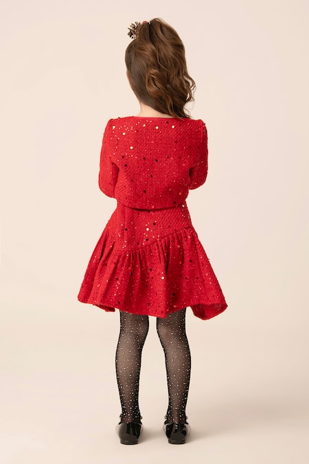 Shop Hoity Moppet Red Tweed Sequins Embellished Top And Skirt Set at Aza Fashions Shop_Hoity Moppet_Red Tweed Sequins Embellished Top And Skirt Set _at_Aza_Fashions