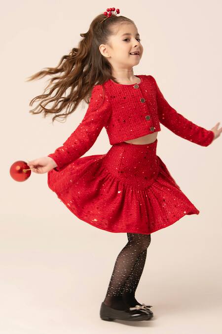 Hoity Moppet Red Tweed Sequins Embellished Top And Skirt Set Online at Aza Fashions Hoity Moppet_Red Tweed Sequins Embellished Top And Skirt Set _Online_at_Aza_Fashions