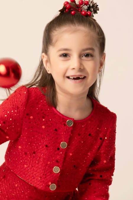 Buy Hoity Moppet Red Tweed Sequins Embellished Top And Skirt Set Online at Aza Fashions Buy_Hoity Moppet_Red Tweed Sequins Embellished Top And Skirt Set _Online_at_Aza_Fashions
