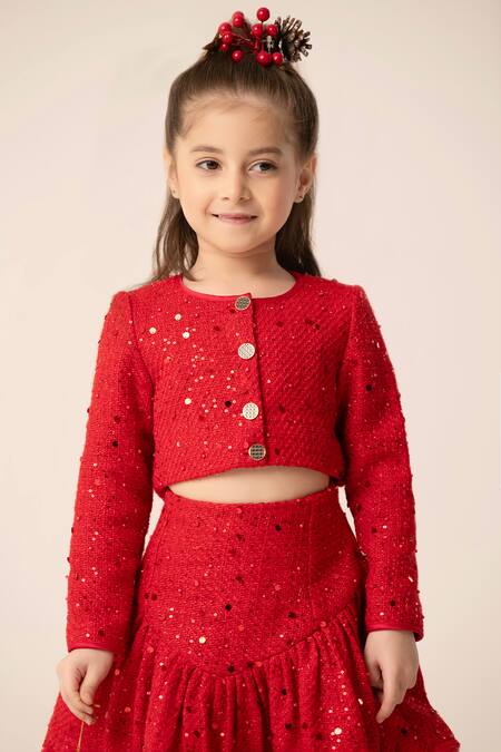 Shop Hoity Moppet Red Tweed Sequins Embellished Top And Skirt Set Online at Aza Fashions Shop_Hoity Moppet_Red Tweed Sequins Embellished Top And Skirt Set _Online_at_Aza_Fashions