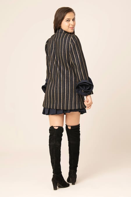 Shop Hoity Moppet Blue Jacquard Woven Chain Link Coat Shirt And Skirt Set at Aza Fashions Shop_Hoity Moppet_Blue Jacquard Woven Chain Link Coat Shirt And Skirt Set _at_Aza_Fashions