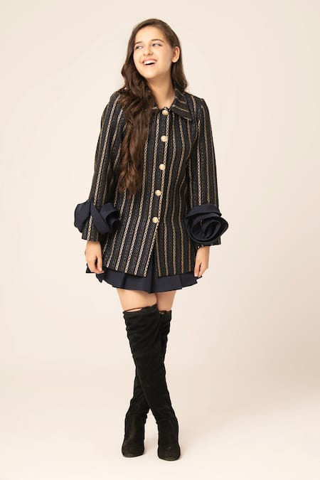 Hoity Moppet Blue Jacquard Woven Chain Link Coat Shirt And Skirt Set Online at Aza Fashions Hoity Moppet_Blue Jacquard Woven Chain Link Coat Shirt And Skirt Set _Online_at_Aza_Fashions