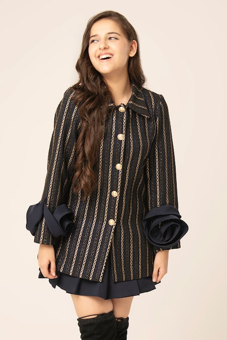 Buy Hoity Moppet Blue Jacquard Woven Chain Link Coat Shirt And Skirt Set Online at Aza Fashions Buy_Hoity Moppet_Blue Jacquard Woven Chain Link Coat Shirt And Skirt Set _Online_at_Aza_Fashions