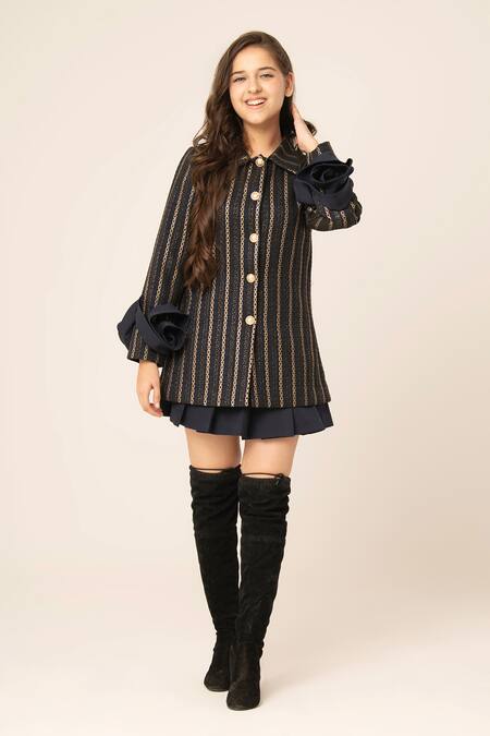 Shop Hoity Moppet Blue Jacquard Woven Chain Link Coat Shirt And Skirt Set Online at Aza Fashions Shop_Hoity Moppet_Blue Jacquard Woven Chain Link Coat Shirt And Skirt Set _Online_at_Aza_Fashions