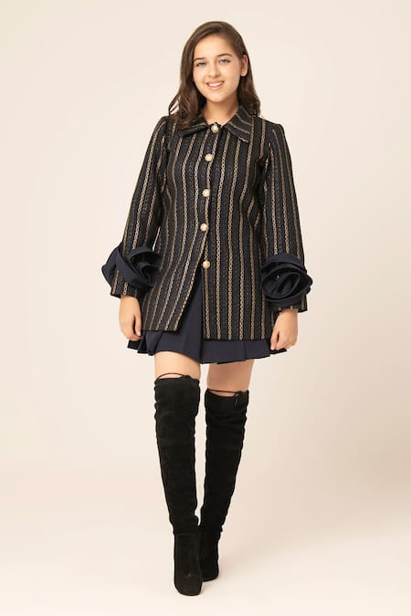 Hoity Moppet Blue Jacquard Woven Chain Link Coat Shirt And Skirt Set at Aza Fashions Hoity Moppet_Blue Jacquard Woven Chain Link Coat Shirt And Skirt Set _at_Aza_Fashions