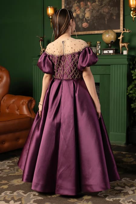 Shop Hoity Moppet Purple Satin Stones Embellished Gown at Aza Fashions Shop_Hoity Moppet_Purple Satin Stones Embellished Gown _at_Aza_Fashions