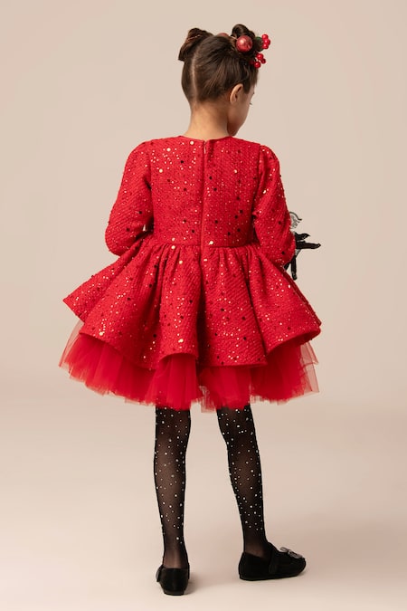 Shop Hoity Moppet Red Tulle, Tweed Bows Sequin Dress With at Aza Fashions Shop_Hoity Moppet_Red Tulle, Tweed Bows Sequin Dress With _at_Aza_Fashions