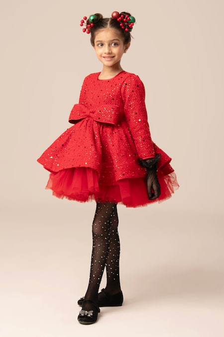 Buy Hoity Moppet Red Tulle, Tweed Bows Sequin Dress With Online at Aza Fashions Buy_Hoity Moppet_Red Tulle, Tweed Bows Sequin Dress With _Online_at_Aza_Fashions