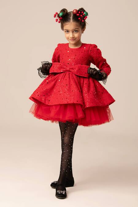 Shop Hoity Moppet Red Tulle, Tweed Bows Sequin Dress With Online at Aza Fashions Shop_Hoity Moppet_Red Tulle, Tweed Bows Sequin Dress With _Online_at_Aza_Fashions