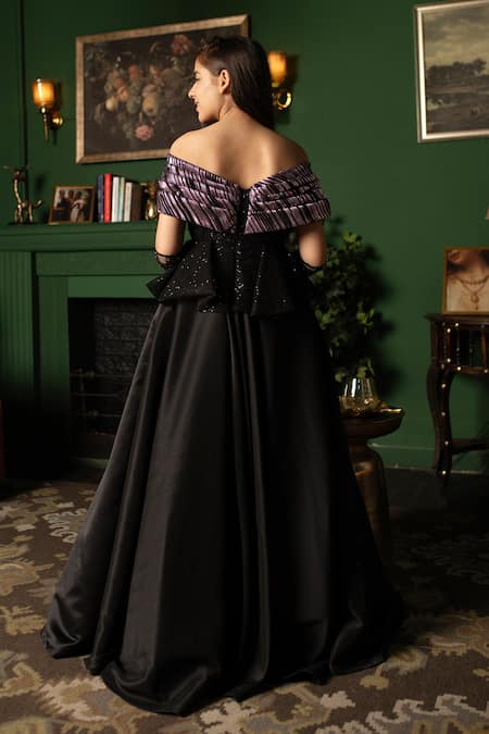 Shop Hoity Moppet Black Denim Sequins Rosette Gown at Aza Fashions Shop_Hoity Moppet_Black Denim Sequins Rosette Gown _at_Aza_Fashions