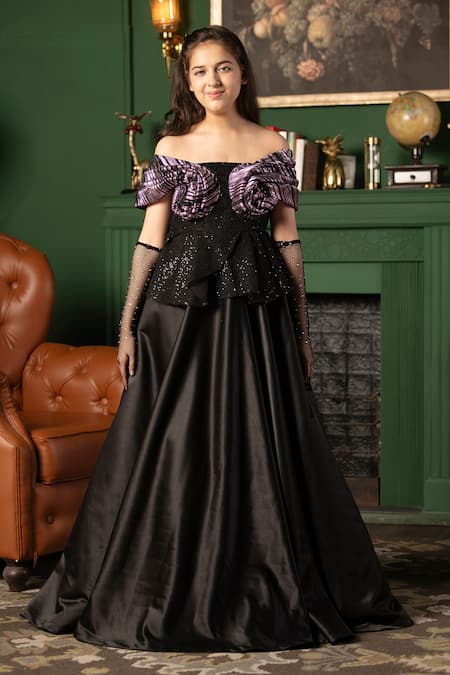 Hoity Moppet Black Denim Sequins Rosette Gown Online at Aza Fashions Hoity Moppet_Black Denim Sequins Rosette Gown _Online_at_Aza_Fashions