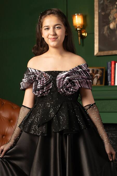 Buy Hoity Moppet Black Denim Sequins Rosette Gown Online at Aza Fashions Buy_Hoity Moppet_Black Denim Sequins Rosette Gown _Online_at_Aza_Fashions