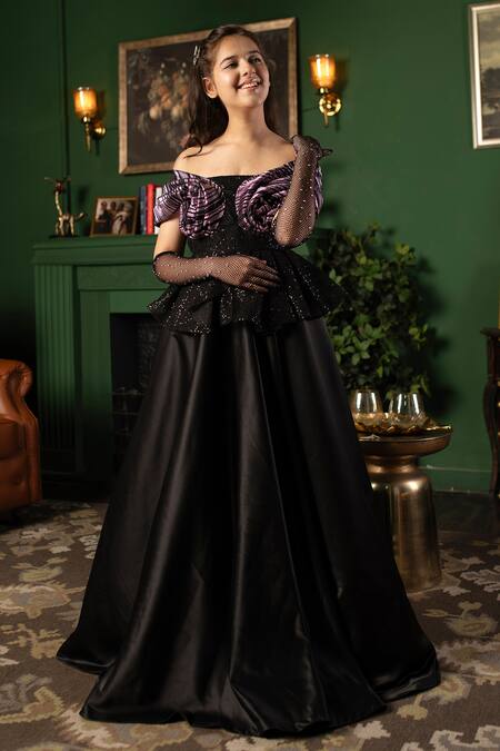 Shop Hoity Moppet Black Denim Sequins Rosette Gown Online at Aza Fashions Shop_Hoity Moppet_Black Denim Sequins Rosette Gown _Online_at_Aza_Fashions