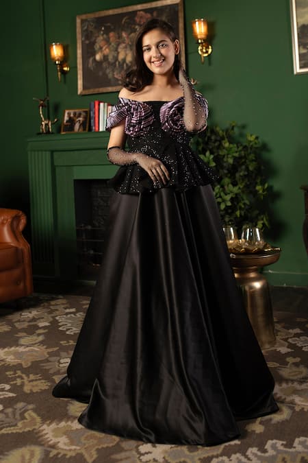 Buy Hoity Moppet Black Denim Sequins Rosette Gown Buy_Hoity Moppet_Black Denim Sequins Rosette Gown