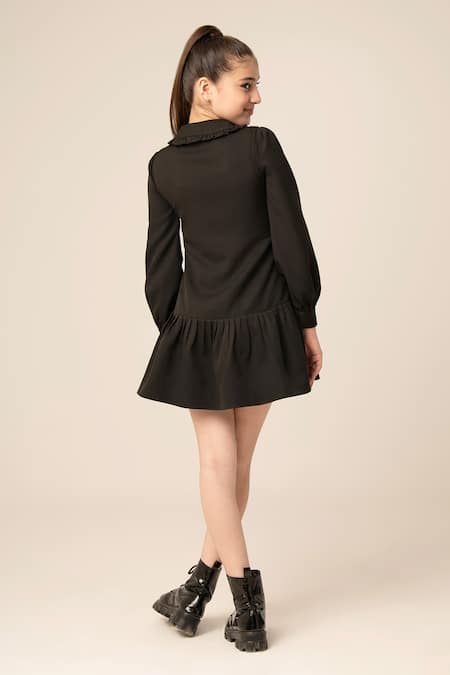 Shop Hoity Moppet Black Crepe Puffed Sleeve Coat Dress at Aza Fashions Shop_Hoity Moppet_Black Crepe Puffed Sleeve Coat Dress _at_Aza_Fashions