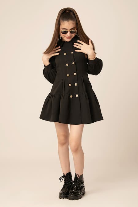 Buy Hoity Moppet Black Crepe Puffed Sleeve Coat Dress Online at Aza Fashions Buy_Hoity Moppet_Black Crepe Puffed Sleeve Coat Dress _Online_at_Aza_Fashions