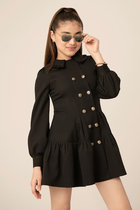 Shop Hoity Moppet Black Crepe Puffed Sleeve Coat Dress Online at Aza Fashions Shop_Hoity Moppet_Black Crepe Puffed Sleeve Coat Dress _Online_at_Aza_Fashions