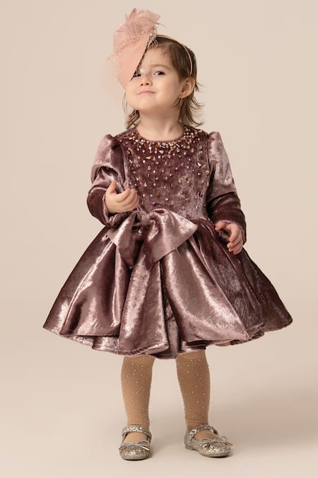 Shop Hoity Moppet Wine Lace Pearls, Sequins, Stones Embellished Luxe Velvet Dress at Aza Fashions Shop_Hoity Moppet_Wine Lace Pearls, Sequins, Stones Embellished Luxe Velvet Dress _at_Aza_Fashions